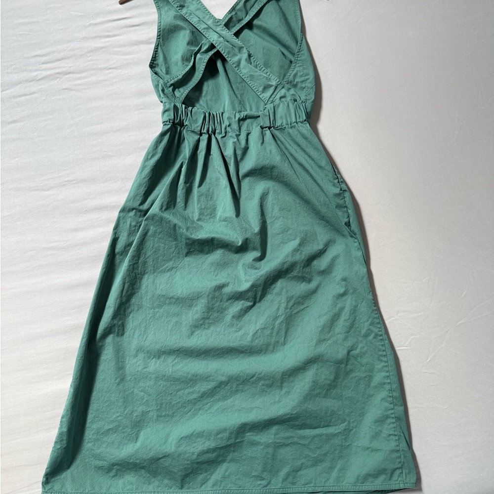 XS Everlane Green Midi Dress Cross Back Sleeveless Cotton Summer Dress - Picture 4 of 7